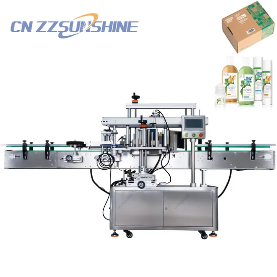 Voll funktionsfähige automatische Etikettiermaschine für die Verpackung von Shampooflaschen mit runden und quadratischen Nüssen, Snacks und Etikettierung durch SPS-gesteuerte doppelseitige Etikettiermaschine
